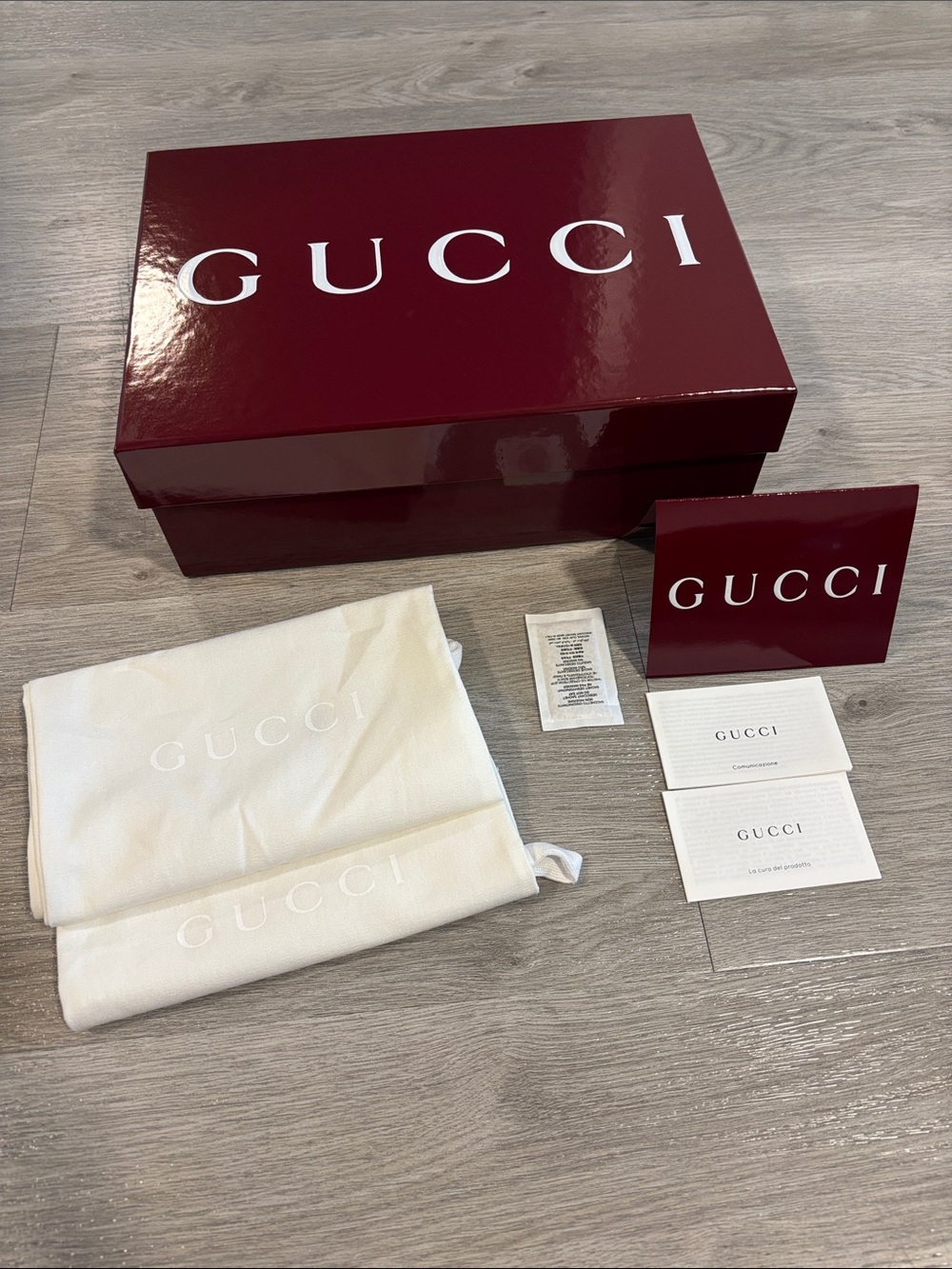 Gucci Shoe Box, 2 Dust Pouches, Receipt sleeve, care card&communication card set